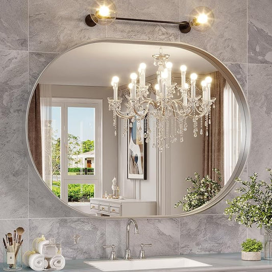 Oval Mirror, 40"30" Silver Bathroom Vanity Mirror, Wall Mount for Entryway, Living Room, Hangs Vertical or Horizontal