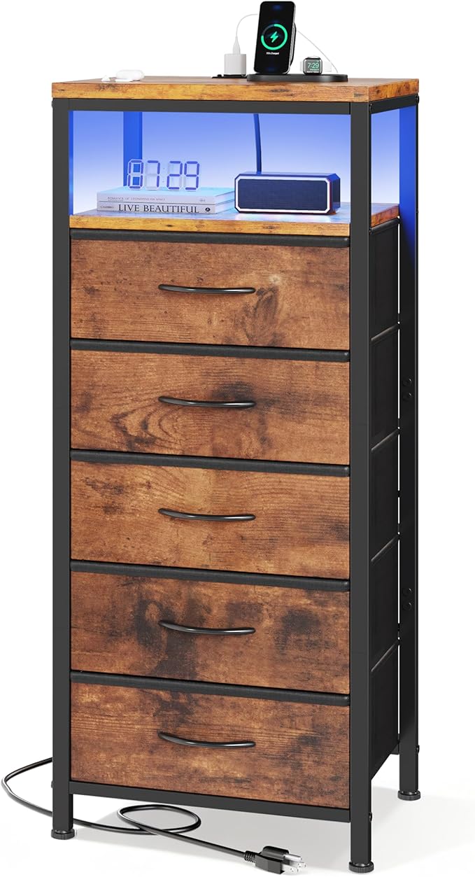 Sweetcrispy Nightstand with Charging Station, Bedside End Table with 5 Fabric Drawers & USB/Type-C Ports and Outlets, Night Stand for Bedroom Furniture, Adjustable Feet and Variable Light Strip, Rust