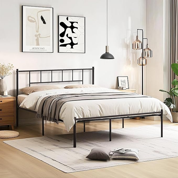 VECELO Queen Metal Platform Bed Frame with Headboard, Heavy Duty Steel Slat Support, Under Bed Storage,No Box Spring Needed, Easy Assembly