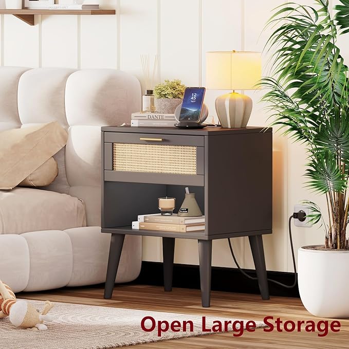 Irontar 17.7'' Wide Rattan Nightstand Set of 2, Bedroom Night Stand with Charging Station & Drawers, Boho Bed Side Table with Solid Legs, Accent End Side Table with Open Shlef, Black and Natural