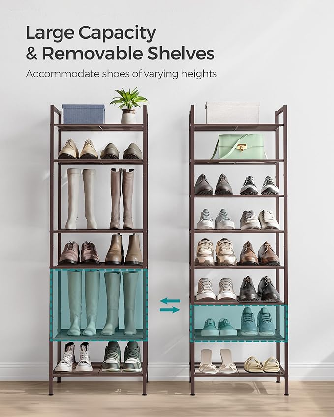 SONGMICS Narrow Shoe Rack - Sturdy 8 Tier Metal Tall Shoe Rack Shelf, Slim Shoe Storage Organizer for Closet Entryway Small Spaces, Bronze, 12"D x 17.6"W x 50.6"H