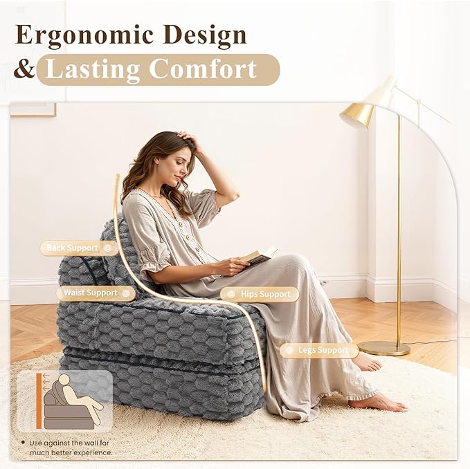 COLAMY Folding Sofa Bed, 3-in-1 Convertible Sleeper Chairs with Pillow,Back Support, Fuzzy Fabric Floor Couch Bed for Adults, Boneless Couches Living Room, Bedroom, Apartment, Grey