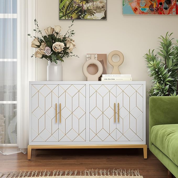47.8" Accent Storage Cabinet with 4 Doors, Modern Sideboard Buffet Cabinet with Gold Lines, Wood Decorative Credenza with Storage for Living Room, Kitchen, Dining Room, Entryway, White