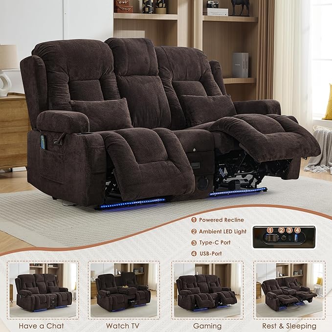 TUNYI Wall Hugger Loveseat Recliner Sofa with Console, Power Reclining Loveseat RV Couch with Massage & Heat/USB/Outlet/Storage/LED Light/Speaker (Brown)
