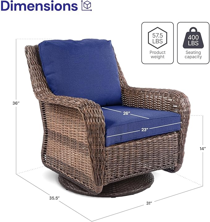 Cambridge Outdoor Wicker Swivel Rocking Chair, All-Weather Hand-Woven Resin Rattan Patio Swivel Rocker with Deep Seat & Thick Cushions for Porch, Backyard & Garden, Midnight Navy Blue