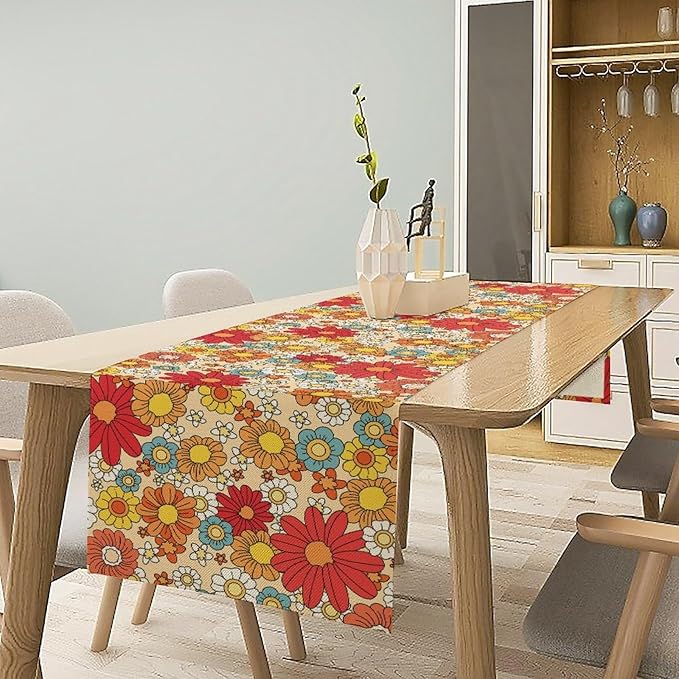 Hippie Floral Table Runner Groovy 1970s Vintage Colorful Rural Flower Retro Floral Printed Table Runner for Living Room Kitchen Dining Table Decoration 13x108in