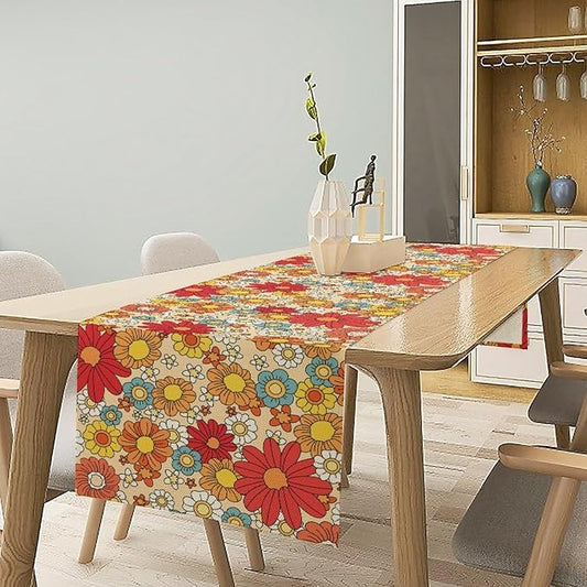 Hippie Floral Table Runner Groovy 1970s Vintage Colorful Rural Flower Retro Floral Printed Table Runner for Living Room Kitchen Dining Table Decoration 13x120in