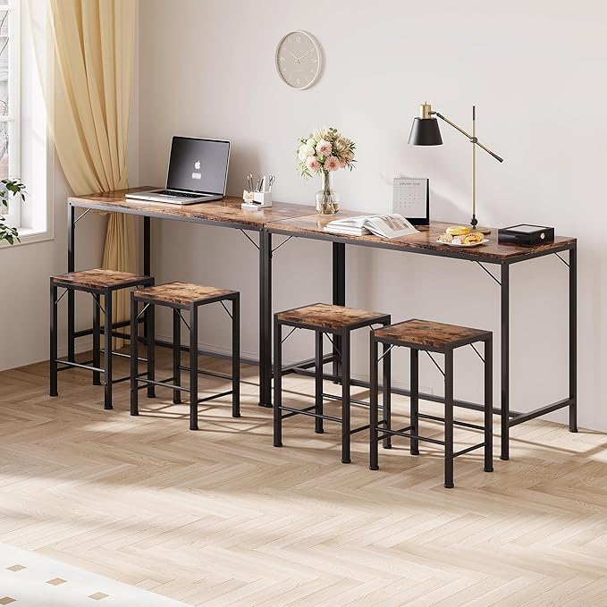 Homeiju Bar Table and Chairs Set, Bar Table with 2 Stools, Space-Saving Dining Pub Set for 2, Perfect for Kitchen, Breakfast Nook, Living Room & Small Spaces (Rustic Brown)