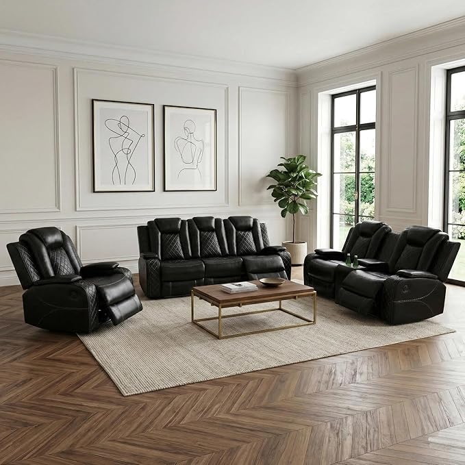 Power Recliner Sofa and 2 Chairs, Air Leather Reclining Set with LED/Cup Holders/Storage, 3 Pieces Reclining Living Room Furniture, Black Leather Couches for House/Apartment/Office