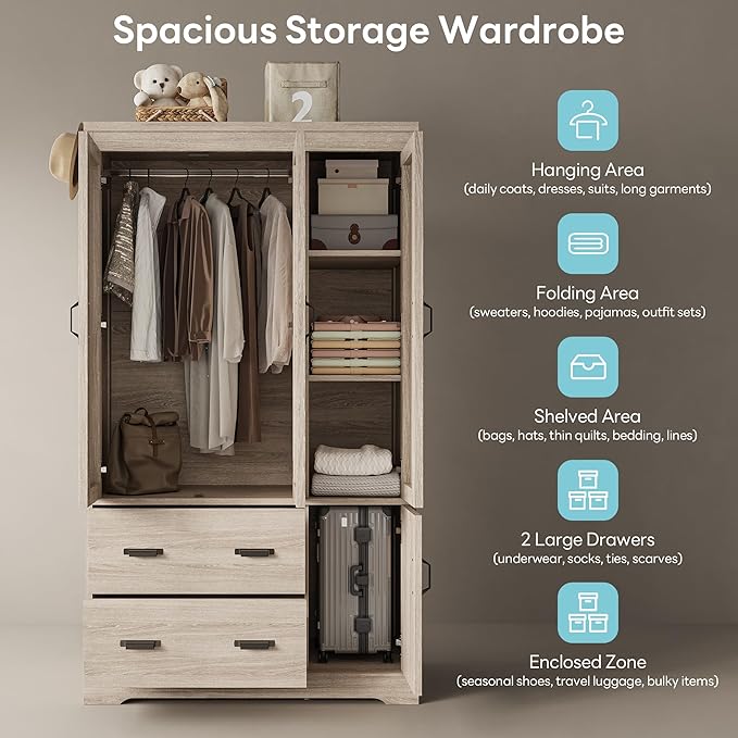 LIKIMIO Wardrobe Closet, 70" Tall 4 Doors Large Wooden Closet with 2 Drawers, 3 Shelves Bedroom Armoire with Hanging Rod, Freestanding Storage Cabinet for Hanging Clothes, Light Oak