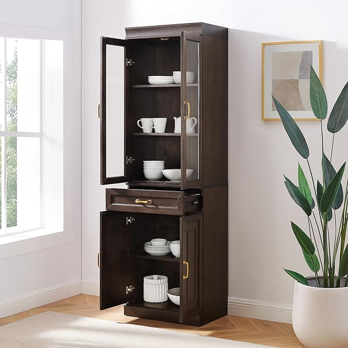 Crosley Furniture Stanton Glass Door Pantry Storage Cabinet with Shelves, Kitchen, Dining, or Laundry Room, Coffee