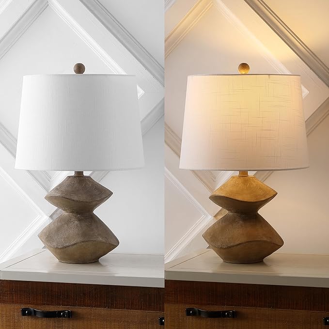 JONATHAN Y 24.5" Brown Wood Finish Coastal 3-Stack Cairn LED Table Lamp for Living Room, White Linen Shade, Rustic Mid-Century Modern Bedside Lamp for Bedroom Office (JYL4062A)