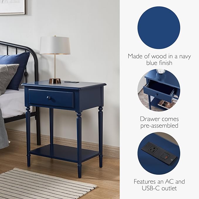 Leick Home Coastal Nightstand, Solid Wood, with USB-C Charging, 1 Drawer and 1 Shelf, Navy, 20022-NV