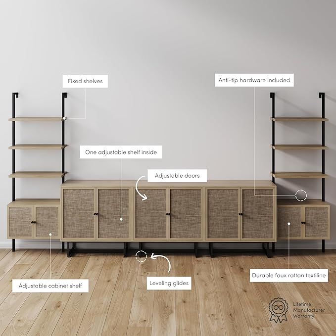 Nathan James Kova Boho Rattan Entertainment Center with Bookshelves and Storage Cabinet, Bookcase TV Stand Wall Unit, Fits TVs Up to 75 in. in Light Oak Finish