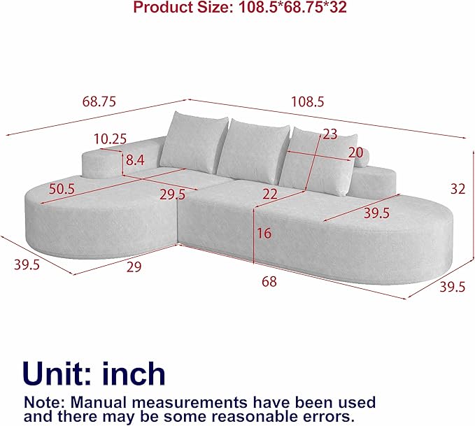 108.5" Curved Boneless Modular Sectional Sofa, Comfy Upholstered Memory Foam L-Shaped Corner Couch, High-Density Foam Cloud Sofa with Extra Wide Chaise for Living Room | Deep Seat, Wider Armrest, Free Combination