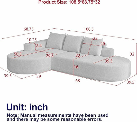 108.5" Curved Boneless Modular Sectional Sofa, Comfy Upholstered Memory Foam L-Shaped Corner Couch, High-Density Foam Cloud Sofa with Extra Wide Chaise for Living Room | Deep Seat, Wider Armrest, Free Combination
