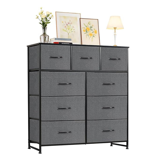 Dresser with 9 Drawers for Bedroom, Fabric Clothes Cabinet for Closet, Anti-Tip Storage Dresser with Metal Frame for Living Room, Entryway, Dorm, Grey