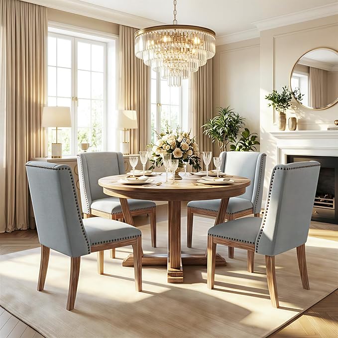 Dining Chair Set of 4, Upholstered Fabric Kitchen Side Chairs with Solid Wood Legs, Comfortable Seating for Kitchen, Dining Room & Restaurant, Grey