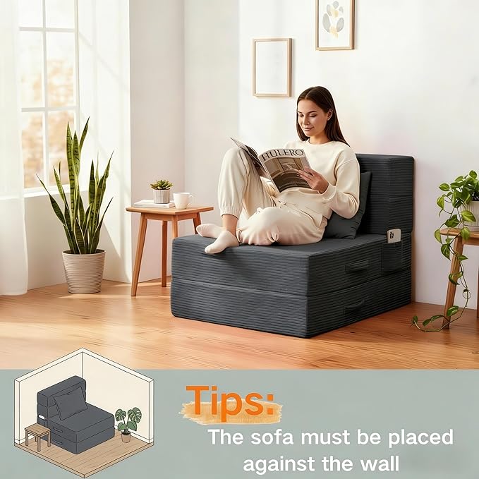 Folding Sofa Bed, 4 in 1 Convertible Sleeper Chair with Pillow, Single Memory Foam Fold Out Chair Bed, Modern Floor Futon Sofa Couch Mattress for Living Room/Guest/Apartment, Dark Grey