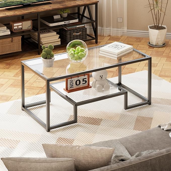 Coffee Table Black Glass Coffee Table for Living Room,2 Tiers Rectangle Center Table with Sturdy Metal Frame,Modern Tempered Glass Accent Table for Bedroom Home Office