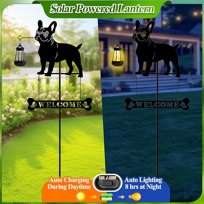 Tfro & Cile Solar Light Garden Stake 45 Inch Black French Bulldog Welcome Sign Decorative Dog Lantern Ornament Outdoor Garden Decor for Lawn Yard Patio