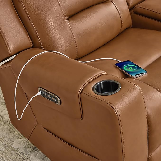 Watson & Whitely Genuine Leather Power Loveseat Recliner Sofa, Lay Flat Reclining Sofa with Console, Power Headrest, Cup Holders & Wireless Charging, Dual Recliner for Living Room, Saddle Brown