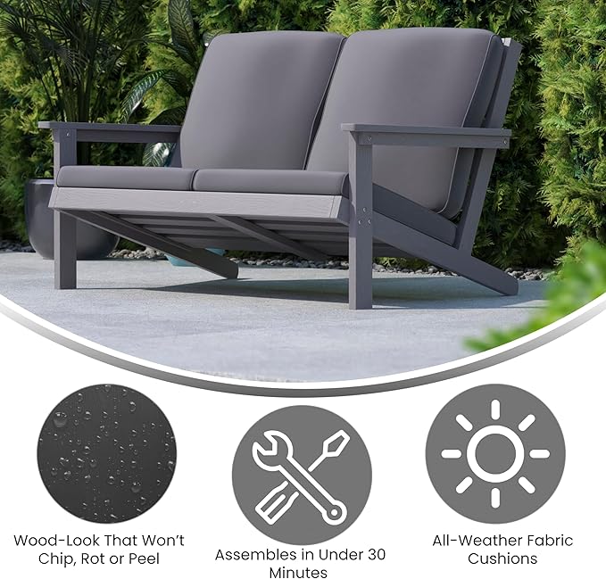 Flash Furniture Charlestown Adirondack Style Deep Seat Patio Loveseat with Cushions - Gray Poly Resin Frame - Gray All-Weather Cushions - Indoor/Outdoor