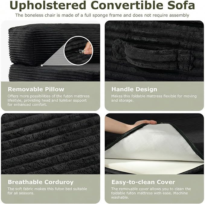 5-in-1 Convertible Sofa Bed, Boneless Loveseat Sleeper with Removable Cushions & Washable Cover, Futon Sofa Bed with Handle, Pull Out Couch for Small Spaces, Queen Size, Black