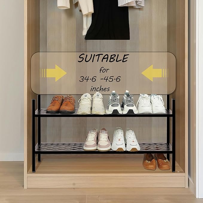 Shoe Rack, Expandable Shoes Organizer Metal Shelf Stand, 2 Tier Stackable Long Shoe Storage Holder For Closet, Floor, Entryway, Garage, Bedroom, Door Entrance For 12-18 Pairs, 45.6 inches Black
