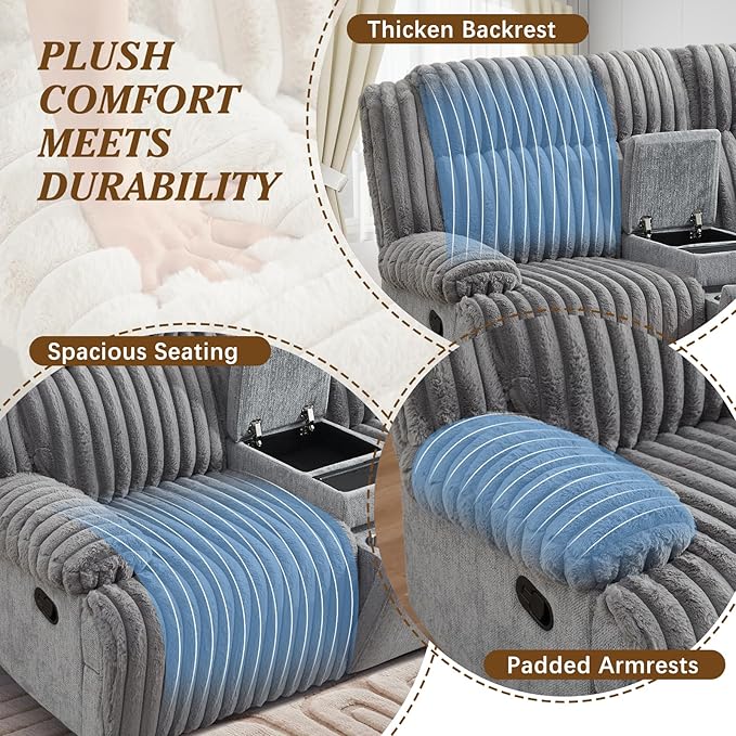 Oversized Reclining Loveseat with Hidden Cup Holders & Wireless Charger, Manual Double Recliner Sofa, Wall Hugger Loveseat Recliner with USB Ports for Living Room (Gray, Loveseat)