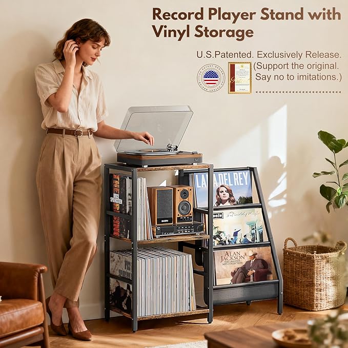 Bikoney Record Player Stand, Turntable Stand with 3-Tier Vinyl Record Storage, Record Player Table 200 Albums, End Table with Vinyl Display Holder Shelf, Record Player Cabinet Media Console for Stereo