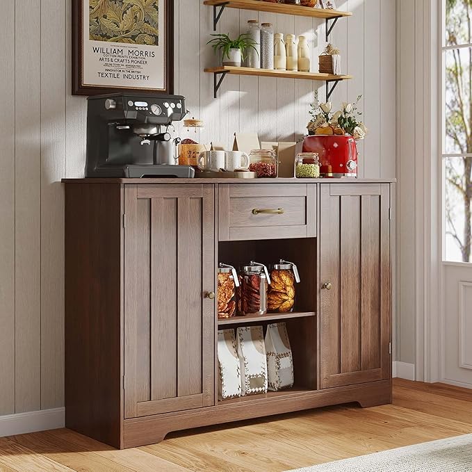 Gizoon Kitchen Sideboard Buffet Cabinet with Storage Coffee Bar Cabinet with Drawer, Kitchen Pantry Storage with Door and Shelves for Bathroom and Living Room, Dark Brown