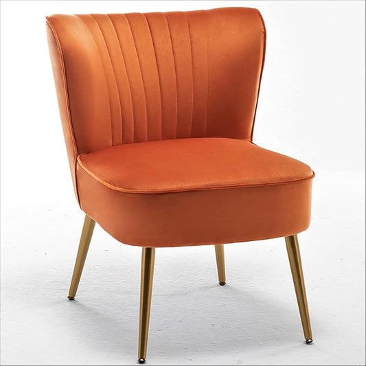 Modern Velvet Accent Chair for Living Room, Bedroom, or Entryway, Stylish and Comfortable Armless Design with Metal Legs, Orange Red