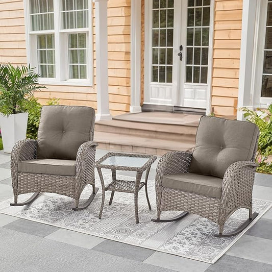 Belord Patio Rocking Chairs Wicker Set - Outdoor Rocking Chairs Set of 2 with Side Table, 3 Piece Patio Rocker Furniture Set with Water-Resistant Cushions for Porch Balcony Backyard