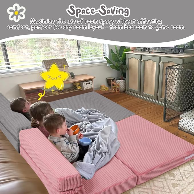 MeMoreCool Folding Sofa for Kids, Corduroy Fold Out Futon Chair, Small Foldable Floor Mattress, Portable Children Couch Sofa, Light Grey