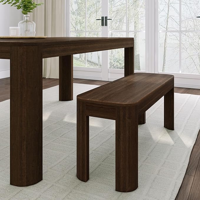 Plank+Beam Contour Bench, Modern Rounded 46 Inch Dining Bench, Bench for 60 Inch Kitchen Table, Walnut