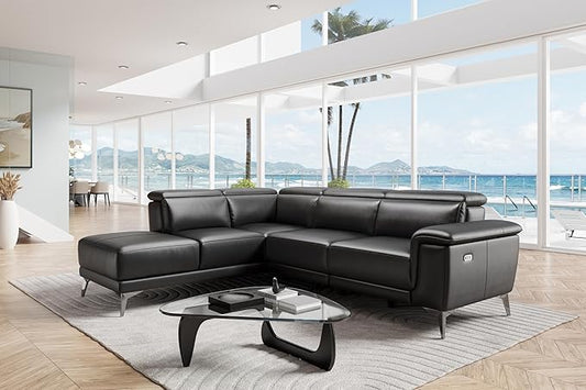 Valencia Pista 113" Full Leather Reclining Sectional Sofa with Left Hand Chaise | Power Recliner Chair, Nappa 11000 Leather | Sectional Couch for Living Room Furniture, Black