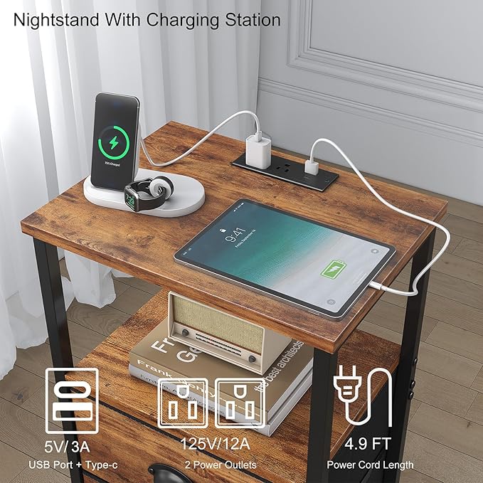 Nightstand with Charging Station, Night Stand with 2 Fabric Drawers, Bedside Table End Table with LED Light, 3-Tier Storage Side Table Nightstand with Drawers for Bedroom,Rustic Brown