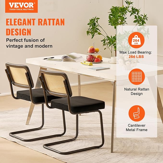 VEVOR Rattan Dining Chairs Set of 2, Mid Century Modern Dining Chair, Upholstered Velvet Accent Chair with Rattan Back, Retro Dining Room Kitchen Chair for Living Room, Bedroom(18.1 Inch)