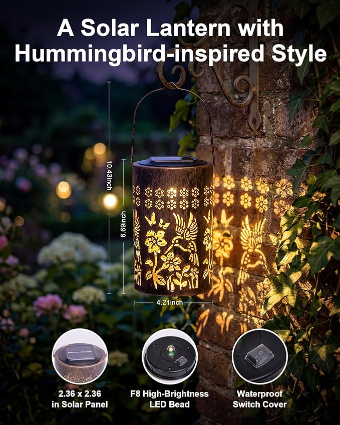 Solar Lanterns Outdoor Waterproof, Hummingbird Garden Decor Gift for Women, Mom or Grandma, Hanging or Tabletop Lantern with Vintage Copper-Color Finish for Patio, Porch and Backyard