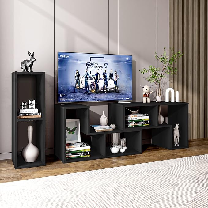 Tangkula 3 Pieces Console TV Stand, Free-Combination Entertainment Center for 50 55 60 65 Inch TV, Minimalist Modern TV Media Stand, DIY Open Storage Bookcase Shelf for Living Room (Black)