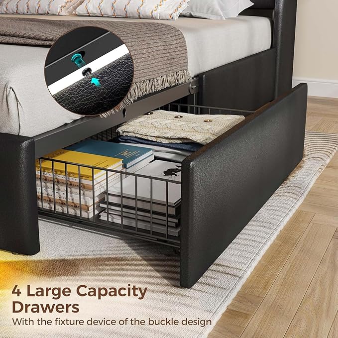 Rolanstar Full Size Bed Frame with LED Lights and Charging Station, PU Leather Bed Storage Headboard & Drawers, Heavy Duty Wood Slats, Easy Assembly, Black