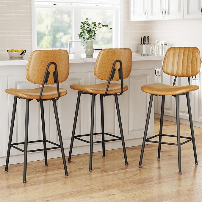 29-Inch Leather Bar Stools Set of 3, Counter Height Barstools with High Backrest，Bar Chairs for Kitchen Island with Heavy Duty Metal Legs, Brown