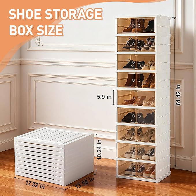 SAYMA 9 Tiers-18 Pairs Foldable Shoe Rack Organizer Plastic Collapsible Shoe Shelf Clear Shoe Boxes Stackable with Door Easy Assembly Shoe Cabinet for Entryway, Living Room (9 Tiers-18 Pairs)