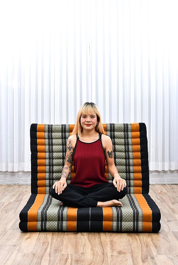 Leewadee Trifold Mattress XL – Comfortable Thai Massage Pad, Foldable Relaxation Floor Mattress Filled with Kapok, Perfect to Use as a Sleeping Mat 79 x 39 inches, Black Orange