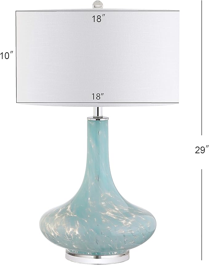 JONATHAN Y 29" Ice Blue Teardrop Glass LED Table Lamp, Contemporary Gourd Lamp with White Linen Drum Shade and Chrome Base for Living Room Bedroom, LED Bulb Included JYL2001A