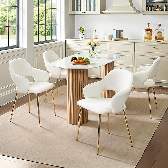 VECELO Velvet Dining Chairs Set of 6, Modern Upholstered Kitchen Chairs with Cushion, Padded Backrest and Metal Legs, White