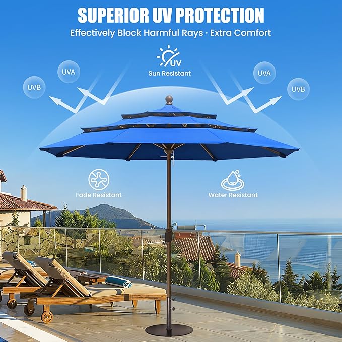 EliteShade USA 10-Year-Non-Fading 11ft 3-Tier Market Patio Umbrella, Commercial Grade Outdoor Table Umbrella with Crank Open, Windproof & UPF 50+ UV Protection, Heavy Duty Ventilation for Garden, Deck, Pool, Backyard, Beach & Bistro, No Tilt, Royal Blue