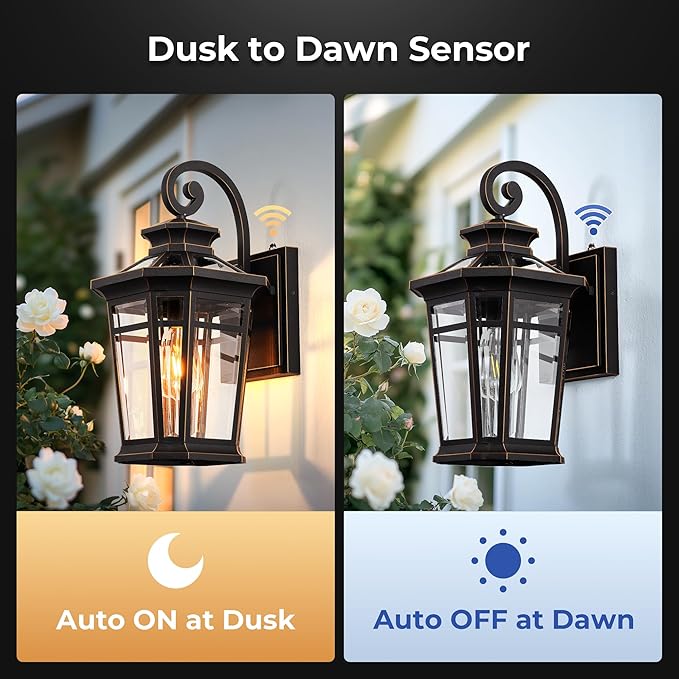 Large 9'' Outdoor Wall Lights Wall Mount, Dusk to Dawn Front Porch Lights, Oil Rubbed Bronze Outdoor Wall Lantern, Exterior Lighting Fixtures for Garage, Waterproof Patio Sconce Lights