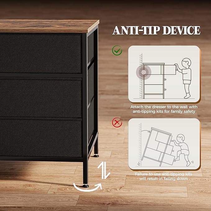 Huuger 63 Inch Dresser for Bedroom, Long Dresser with 10 Fabric Drawers, TV Stand for 55, 65, 70 Inch TV, Toy Storage Organizer for Closet, Rustic Brown and Black